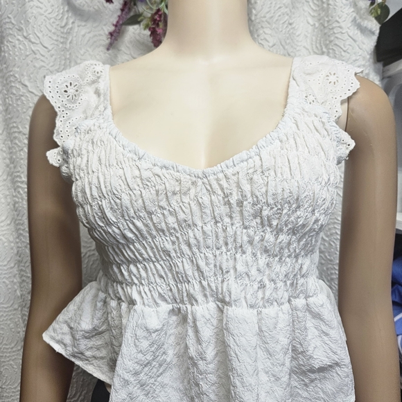 URBAN Romantics Tops - URBAN Romantics White Smocked Peplum Blouse